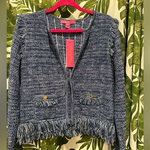 NWT Lilly Pulitzer Simora Fringe Cardigan Oyster Bay Navy Exotic Tweed Jacket